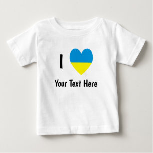 Camiseta Para Bebê Eu (Coração com Bandeira da Ucrânia) Seu Texto Per