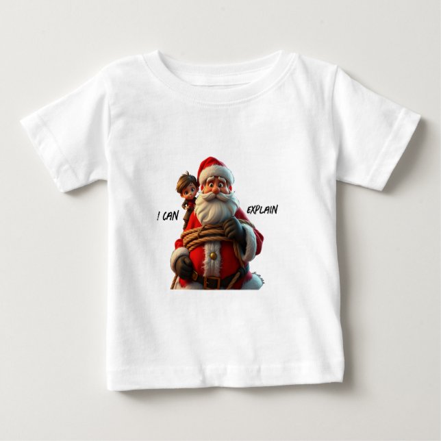 Camiseta Para Bebê Eu Posso Explicar, Desenho do Papai Noel e Menino (Frente)