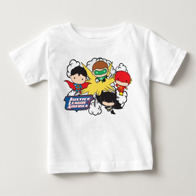 Camiseta Para Bebê Explosão da Liga da Justiça de Chibi na América (Frente)