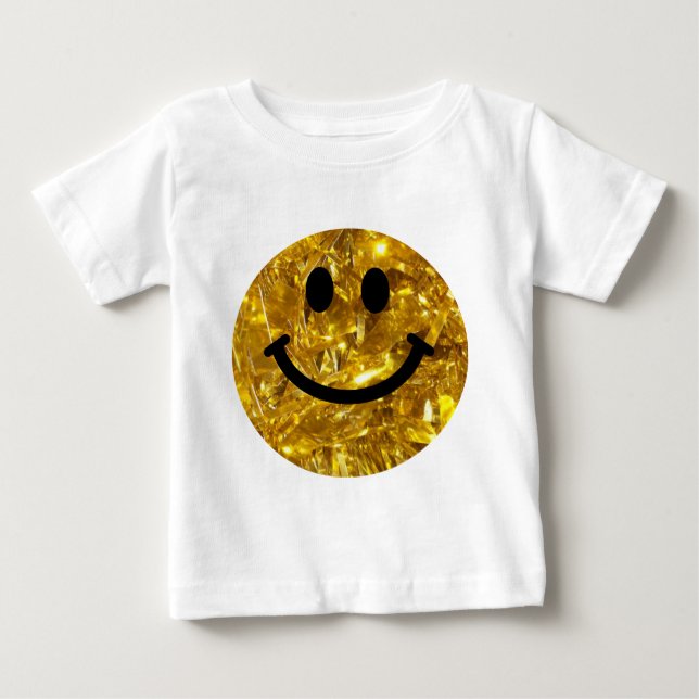Camiseta Para Bebê Face Feliz Faux Bling Dourado Sparkly - Garça de M (Frente)