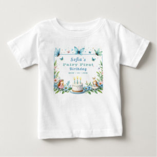 Camiseta Para Bebê Fada Borboleta Pastel Azul - Primeiro Aniversário