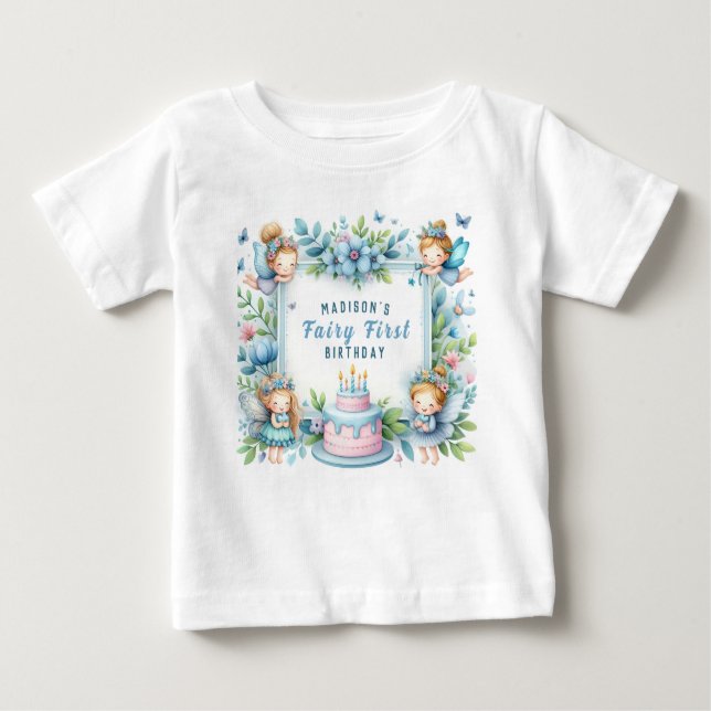 Camiseta Para Bebê Fada Floral Azul Pastel Primeiro Aniversário - (Frente)