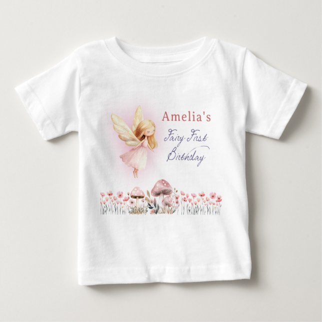 Camiseta Para Bebê Fada Primeira Menina 1ª Festa de Aniversário Perso (Frente)
