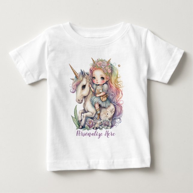 Camiseta Para Bebê Fada Princesa Unicórnio Cores Arco-Íris Personaliz (Frente)
