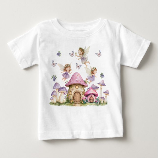 Camiseta Para Bebê Fadas Mágicas Cogumelos Rosa (Frente)