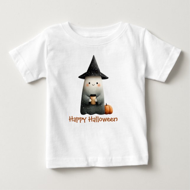 Camiseta Para Bebê Fantasma Bonita com o Café Halloween (Frente)