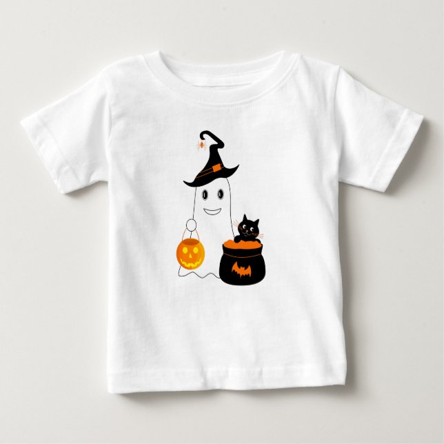 Camiseta Para Bebê Fantasma bonito com gato preto celebra o Dia do Di (Frente)