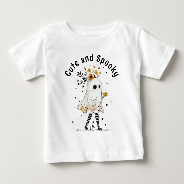 Camiseta Para Bebê Fantasma com Girassóis Fofo e Feliz Dia das Bruxas (Frente)