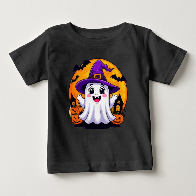 Camiseta Para Bebê Fantasma de Cartoon Bonito no Chapéu das Bruxas co (Frente)
