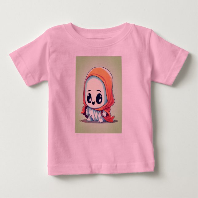 Camiseta Para Bebê Fantasma de Cartoon Chibi Adorável em um Fantasma  (Frente)