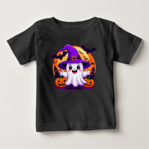 Camiseta Para Bebê Fantasma de desenho animado fofo em chapéu de brux