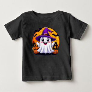 Camiseta Para Bebê Fantasma de desenho animado fofo em chapéu de brux