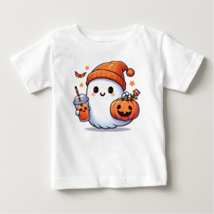 Camiseta Para Bebê Fantasma de Halloween Fofo com Abóbora e Bebida de