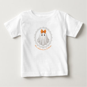 Camiseta Para Bebê Fantasma de Renda Fofa com Laço Laranja C/ Borda d