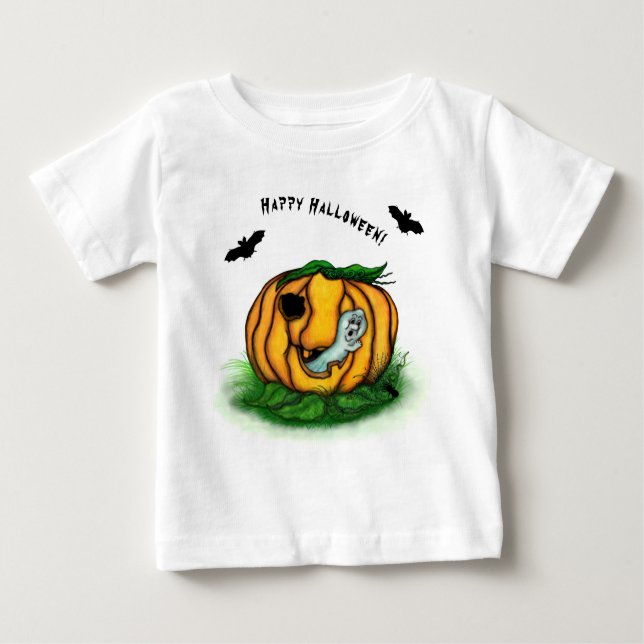 Camiseta Para Bebê Fantasma do Halloween, Bat, Ghost e Spider (Frente)