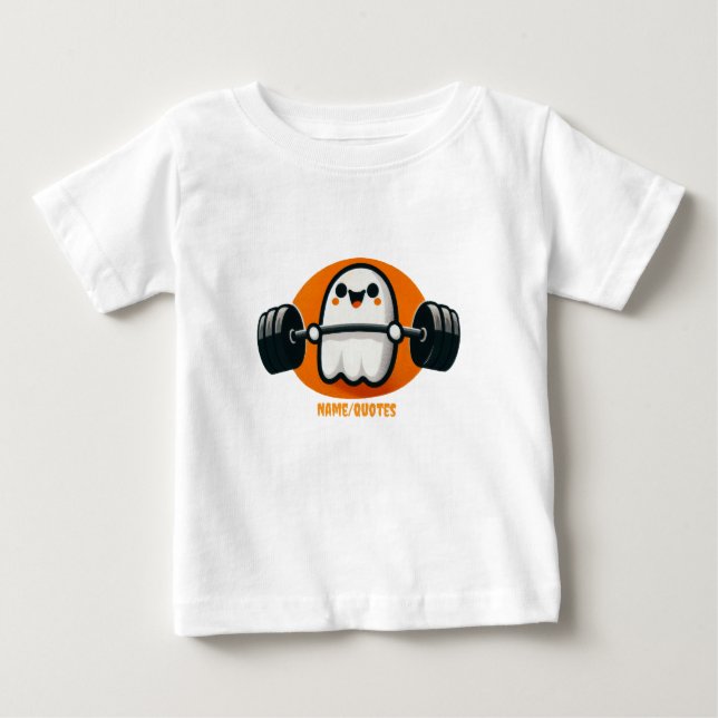 Camiseta Para Bebê Fantasma Fofo Levantando Pesos (Frente)