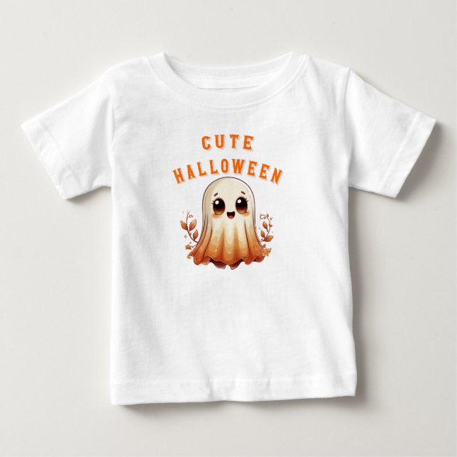 Camiseta Para Bebê Fantasma Kawaii Fofo Com Folhas de Outono Hallowee (Frente)