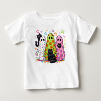 Camiseta Para Bebê Fantasmas Fofos e Gatos Pretos