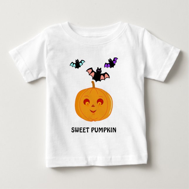 Camiseta Para Bebê Fashion Halloween Bats & Pumpkin (Frente)