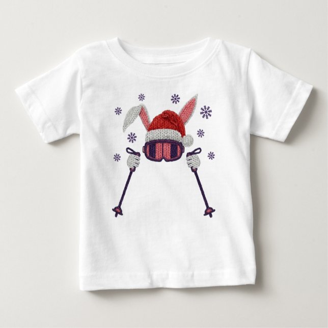 Camiseta Para Bebê Faux yarn skiing rabbit with Santa hat winter humo (Frente)