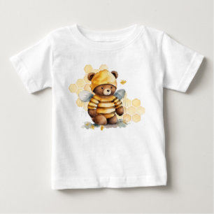Camiseta Para Bebê Favos de mel e urso de pelúcia de mel marrom