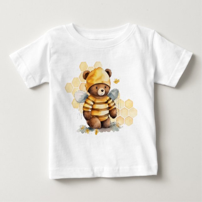 Camiseta Para Bebê Favos de mel e urso de pelúcia de mel marrom (Frente)