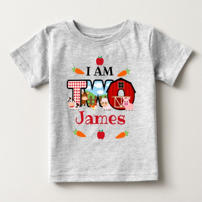 Camiseta Para Bebê Fazenda de Animais de Aniversário de DOIS | Aniver (Frente)