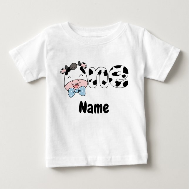 Camiseta Para Bebê Fazenda, Vaca-Bebê Personalizada Um Aniversário (Frente)