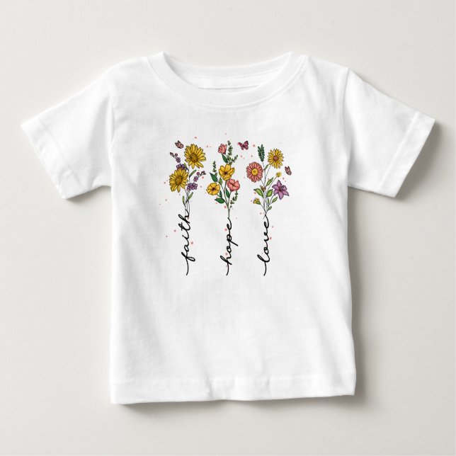 Camiseta Para Bebê Fé, Esperança, amor - Inspiração Floral Vibrante (Frente)