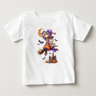 Camiseta Para Bebê Feiticeira e Kitten em uma vassoura