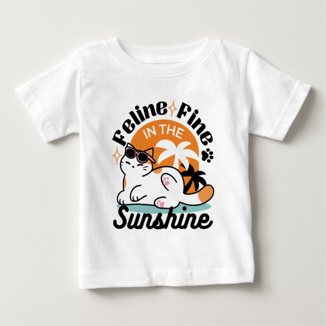 Camiseta Para Bebê Feline Fine no Sol - Gato Tropical Relaxado (Frente)