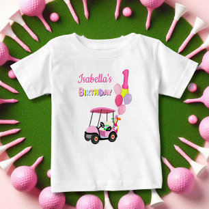 Camiseta Para Bebê Feliz 1º Aniversário Menina de Golfe Rosa com Boli