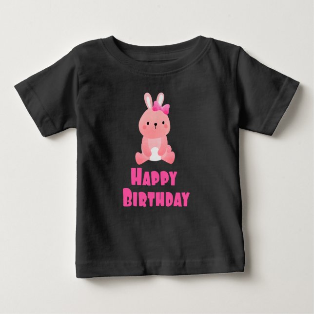 Camiseta Para Bebê Feliz Aniversário do Coelho Rosa (Frente)