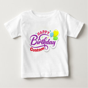 Camiseta Para Bebê Feliz Aniversário Moderno Elegante Nome Personaliz