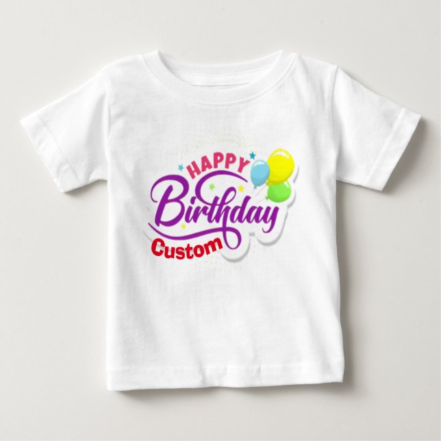Camiseta Para Bebê Feliz Aniversário Moderno Elegante Nome Personaliz (Frente)