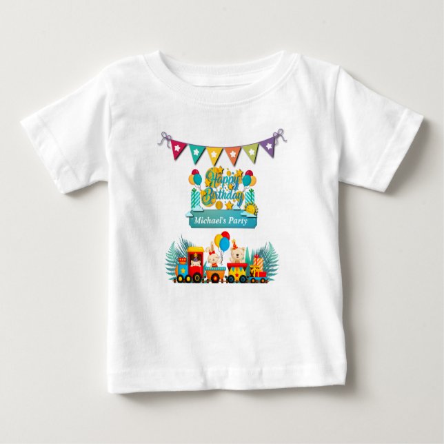 Camiseta Para Bebê Feliz Aniversário Trem Com Desejos de Animais Fofo (Frente)