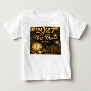 Camiseta Para Bebê Feliz Ano Novo 2027 Fogos de Artifício Luxuosos