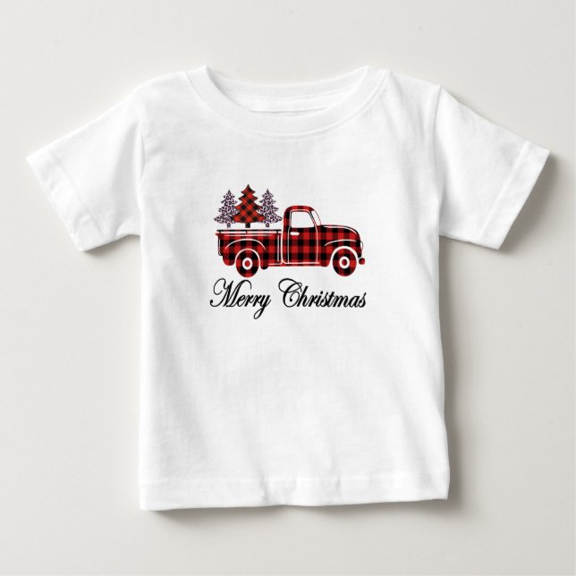 Camiseta Para Bebê Feliz Caminhão de Natal Árvores de Chita (Frente)