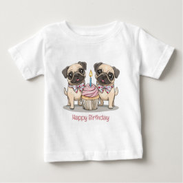 Camiseta Para Bebê Feliz Cupcake de Cães Pug de Aniversário