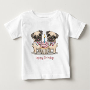 Camiseta Para Bebê Feliz Cupcake de Cães Pug de Aniversário
