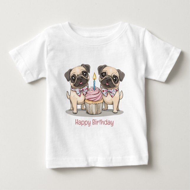 Camiseta Para Bebê Feliz Cupcake de Cães Pug de Aniversário (Frente)