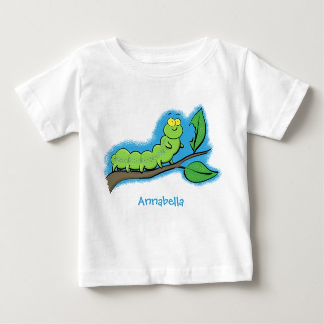Camiseta Para Bebê Feliz desenho de cartoon verde da lagarta (Frente)
