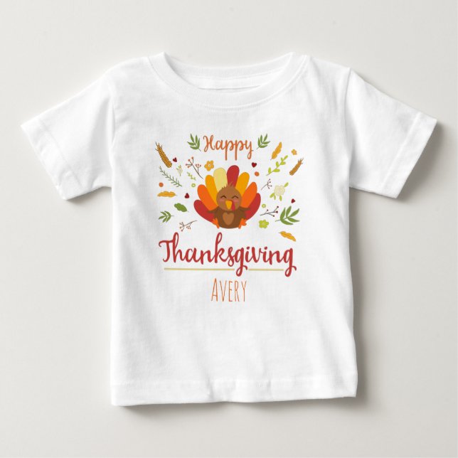 Camiseta Para Bebê Feliz Dia de Ação de Graças Nome Personalizado (Frente)