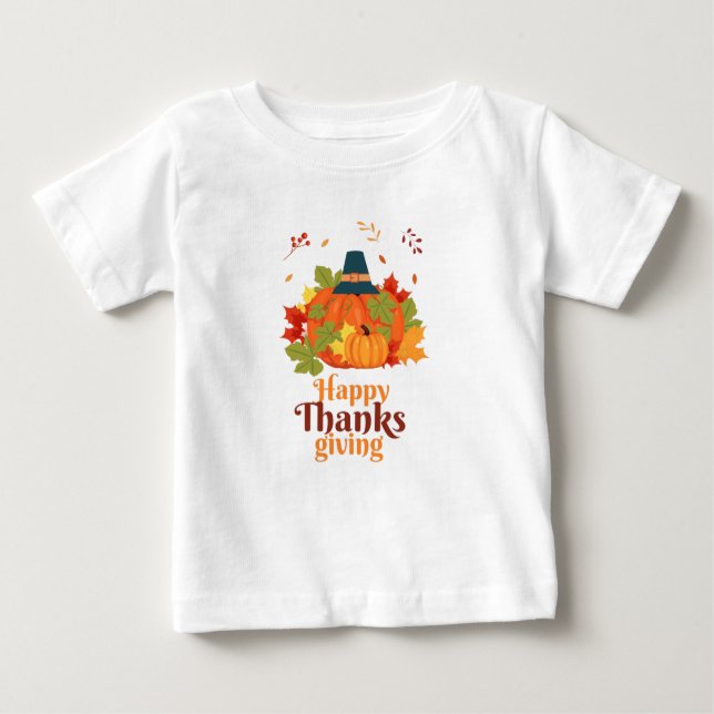Camiseta Para Bebê Feliz Dia de Ação de Graças Pumpkin com Chapéus e  (Frente)