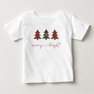 Camiseta Para Bebê Feliz e Árvores de Natal Brilhantes tartã verde-ve