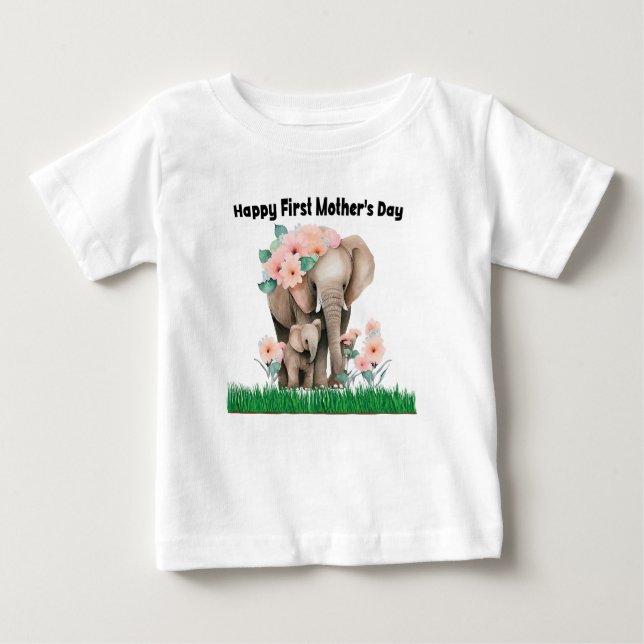 Camiseta Para Bebê Feliz elefante fofo do primeiro dia da mãe (Frente)