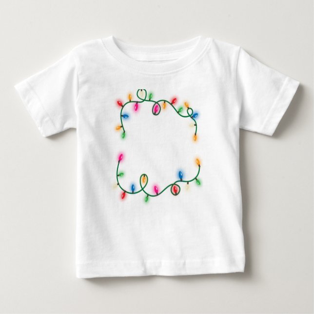 Camiseta Para Bebê Feliz Engraçada e Luzes de Natal Brilhantes (Frente)