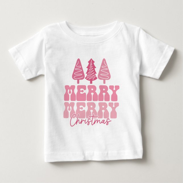Camiseta Para Bebê Feliz Feliz Natal - Design de Férias Rosa (Frente)