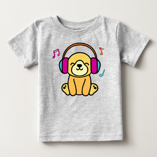 Camiseta Para Bebê Feliz filhote sorridente com fones de ouvido. (Frente)