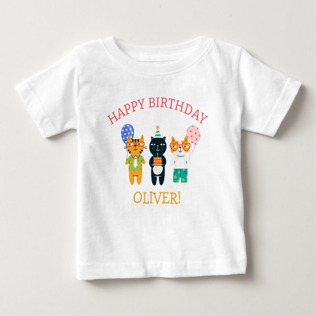 Camiseta Para Bebê Feliz Gatinho de Gatos Aniversário Convidado de Ho (Frente)